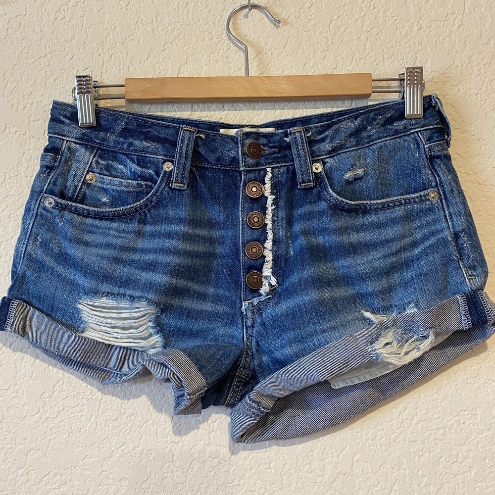 We The Free Button Fly Micro Mini Denim Shorts Size 26 Distressed Blue Festival